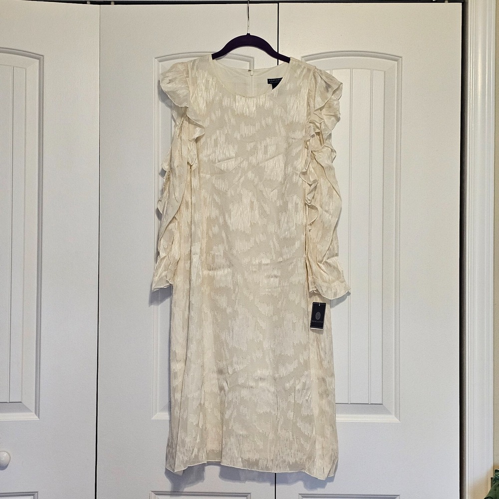 Doncaster Collection Sheath Dress 8 Ivory Ruffle Cold Shoulder Jacquard NWT